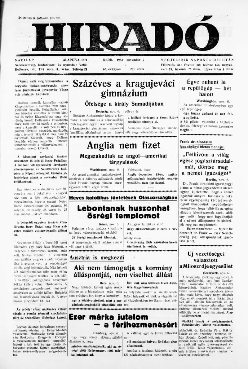 Híradó, 62. évf. 1933. november 7. 261. sz.