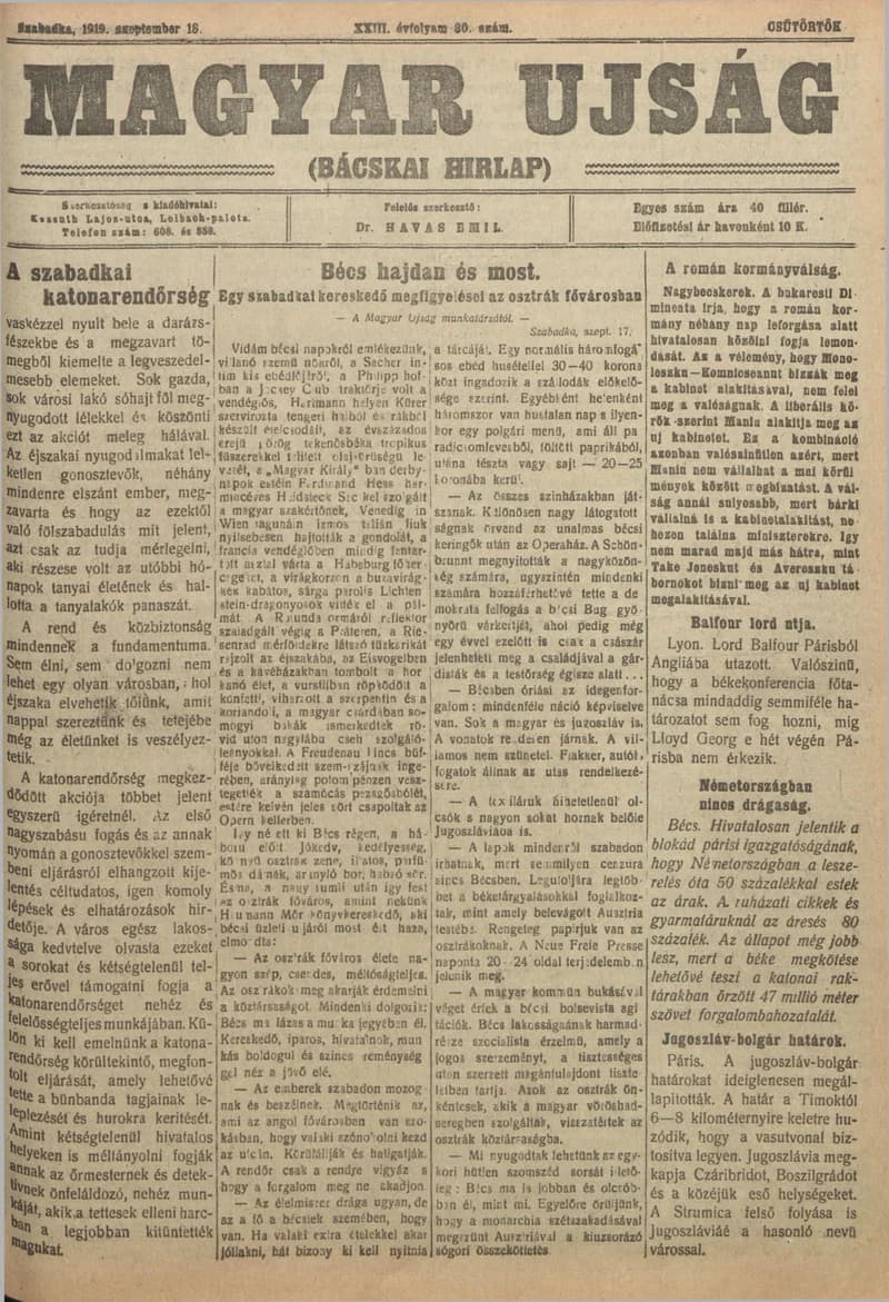Bácskai Hirlap, 23. évf. 1919. szeptember 18. 80. sz.