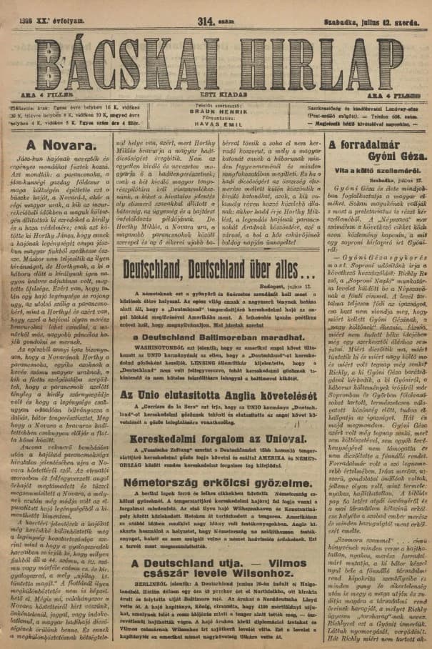 Bácskai Hirlap, 20. évf. 1916. július 12. 314. sz.
