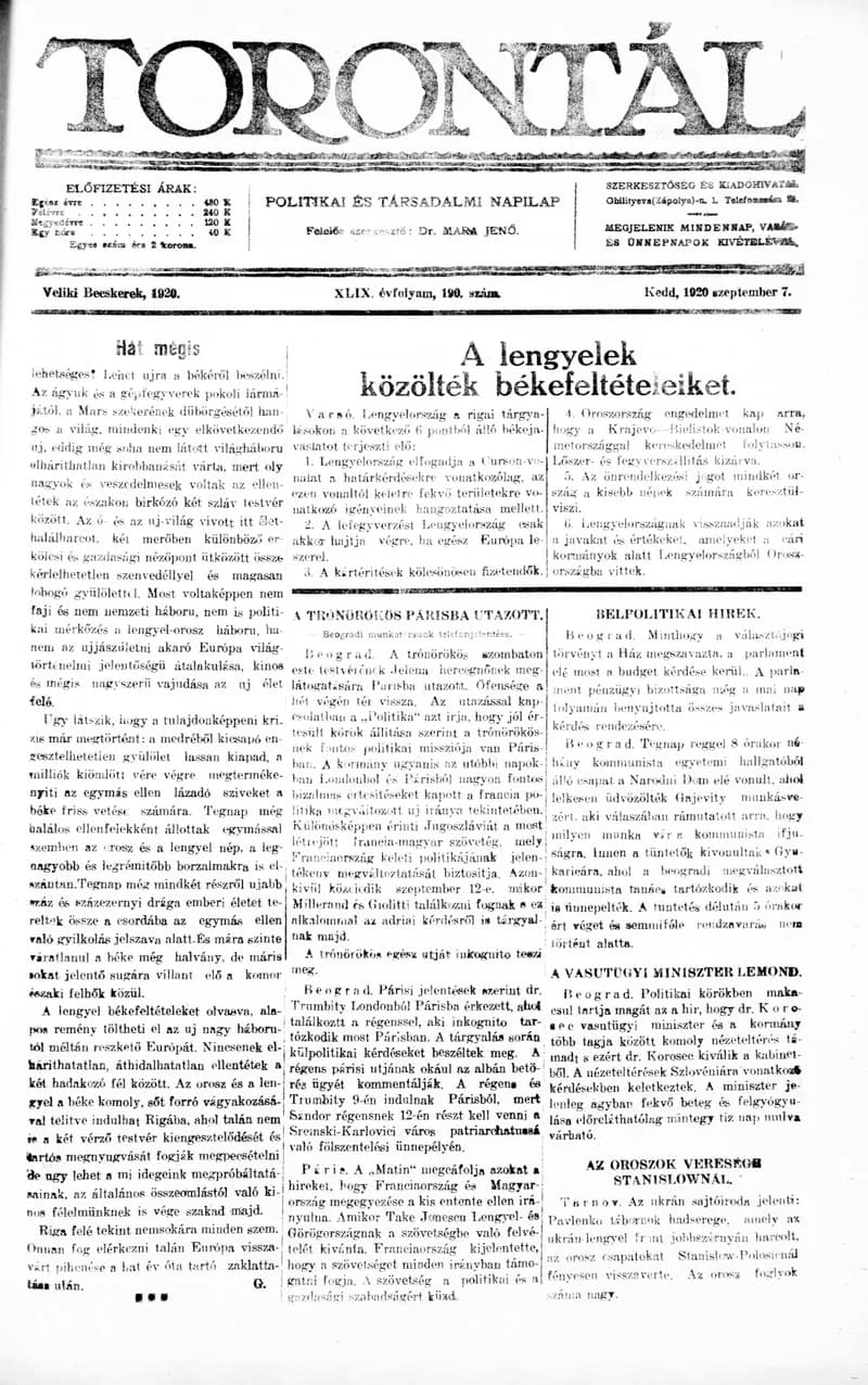 Torontál, 49. évf. 1920. szeptember 7. 196. sz.