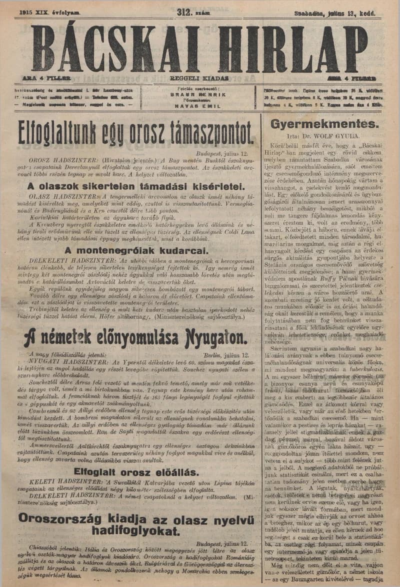 Bácskai Hirlap, 19. évf. 1915. július 13. 312. sz.