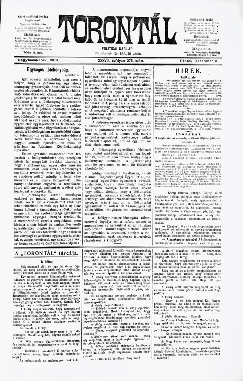 Torontál, 38. évf. 1909. december 3. 276. sz.