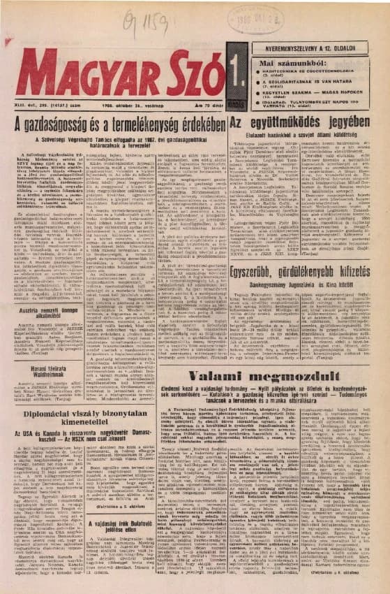 Magyar Szó, 43. évf. 1986. október 26. 295. sz. 1–28. oldal