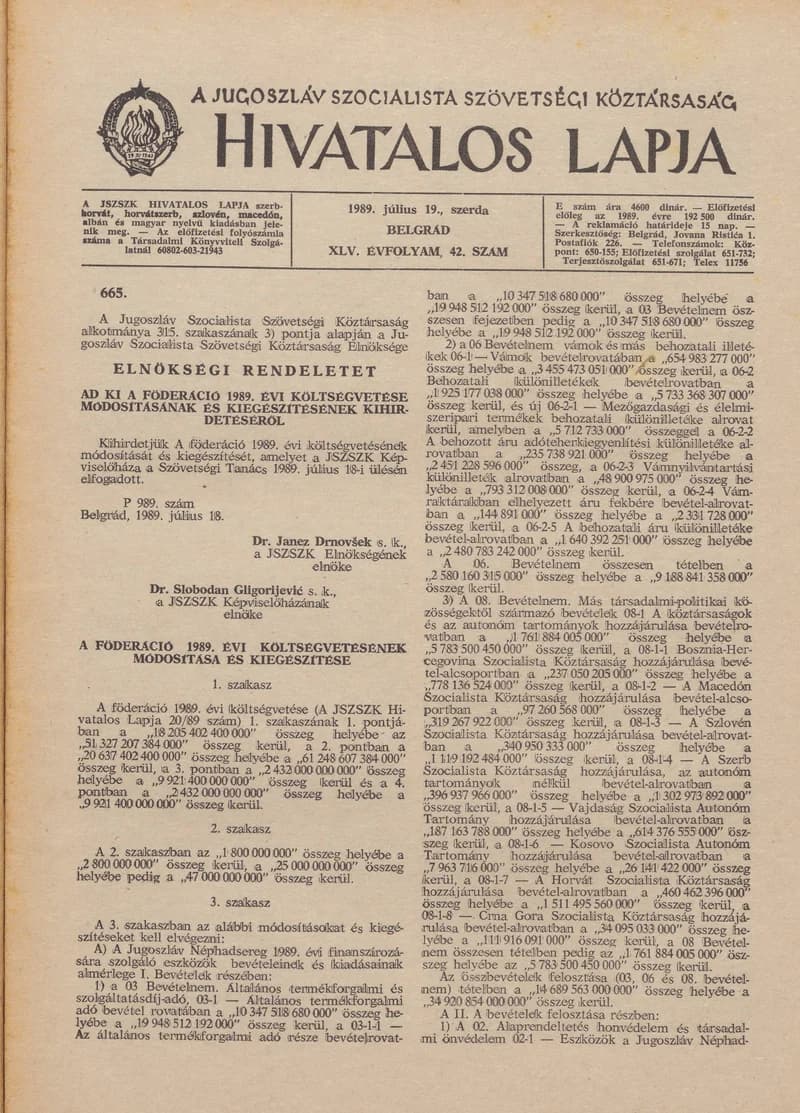 A Jugoszláv Szocialista Szövetségi Köztársaság Hivatalos Lapja, 45. évf. 1989. július 19. 42. sz. 1101–1124. oldal