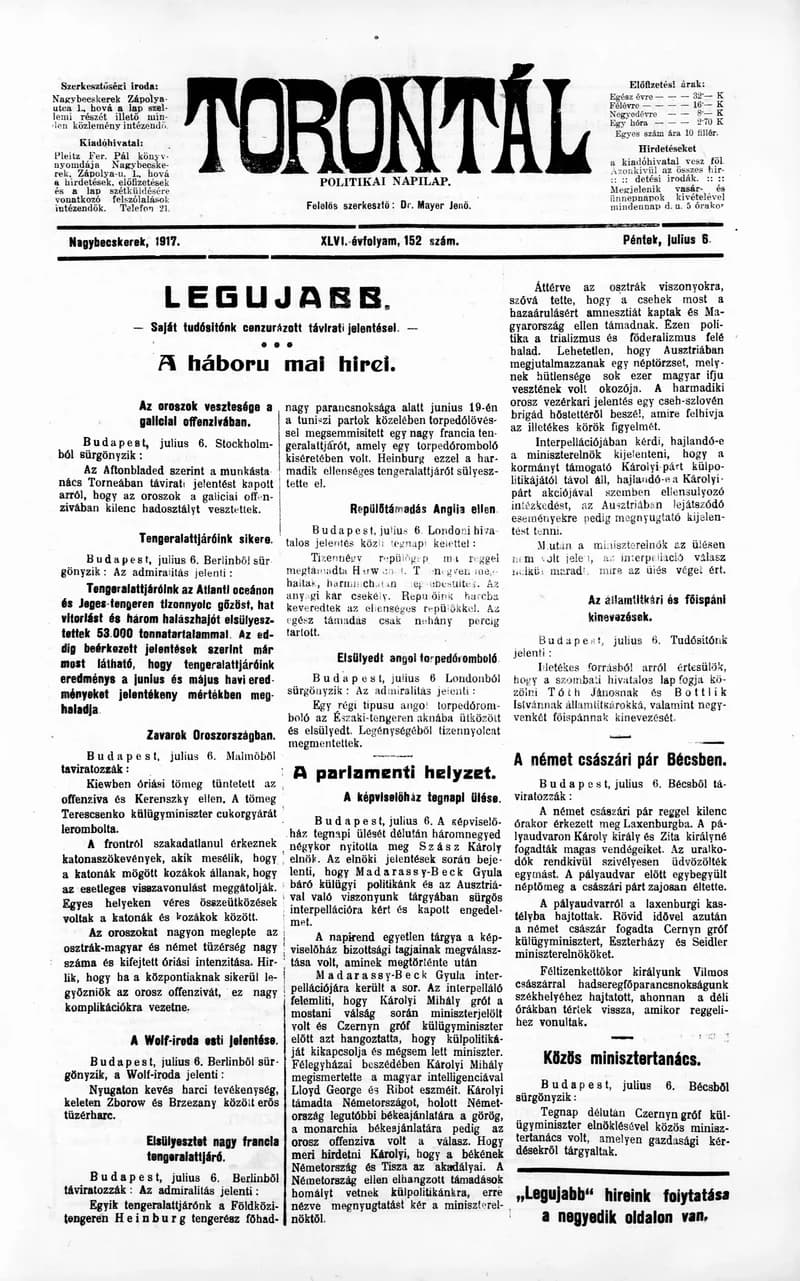 Torontál, 46. évf. 1917. július 6. 152. sz.