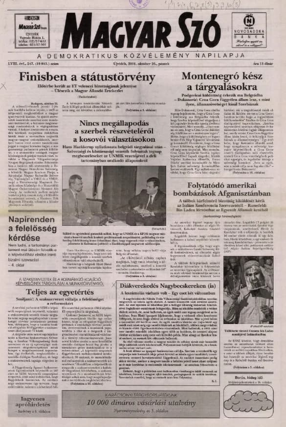 Magyar Szó, 58. évf. 2001. október 26. 247. sz. 1–16. oldal