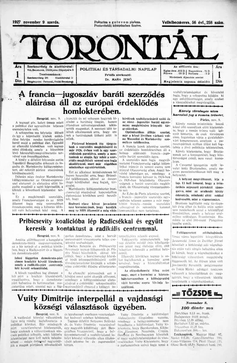 Torontál, 56. évf. 1927. november 9. 258. sz.