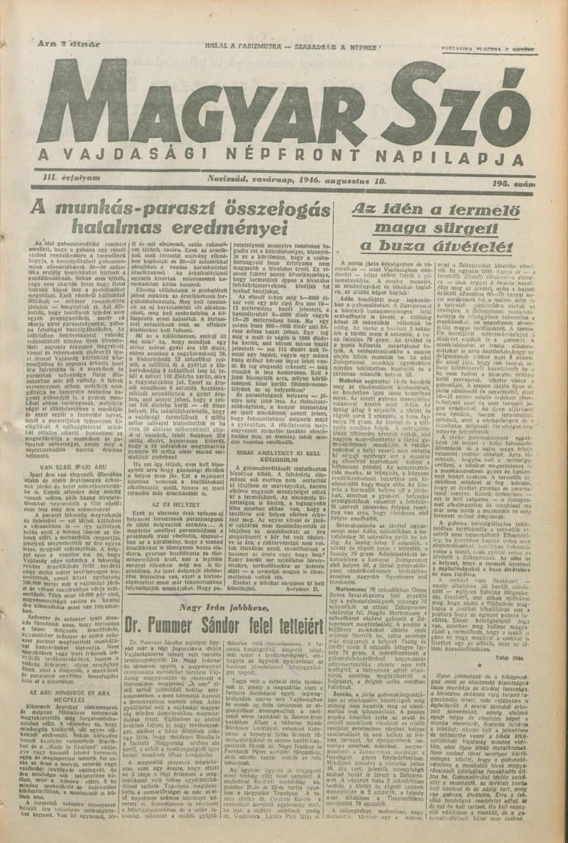 Magyar Szó, 3. évf. 1946. augusztus 18. 195. sz. 1–8. oldal