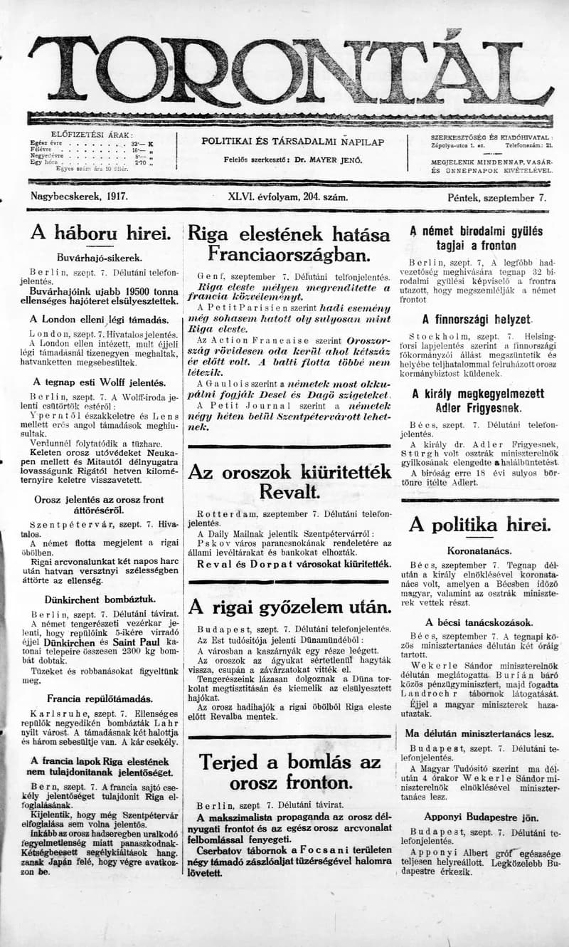 Torontál, 46. évf. 1917. szeptember 7. 204. sz.