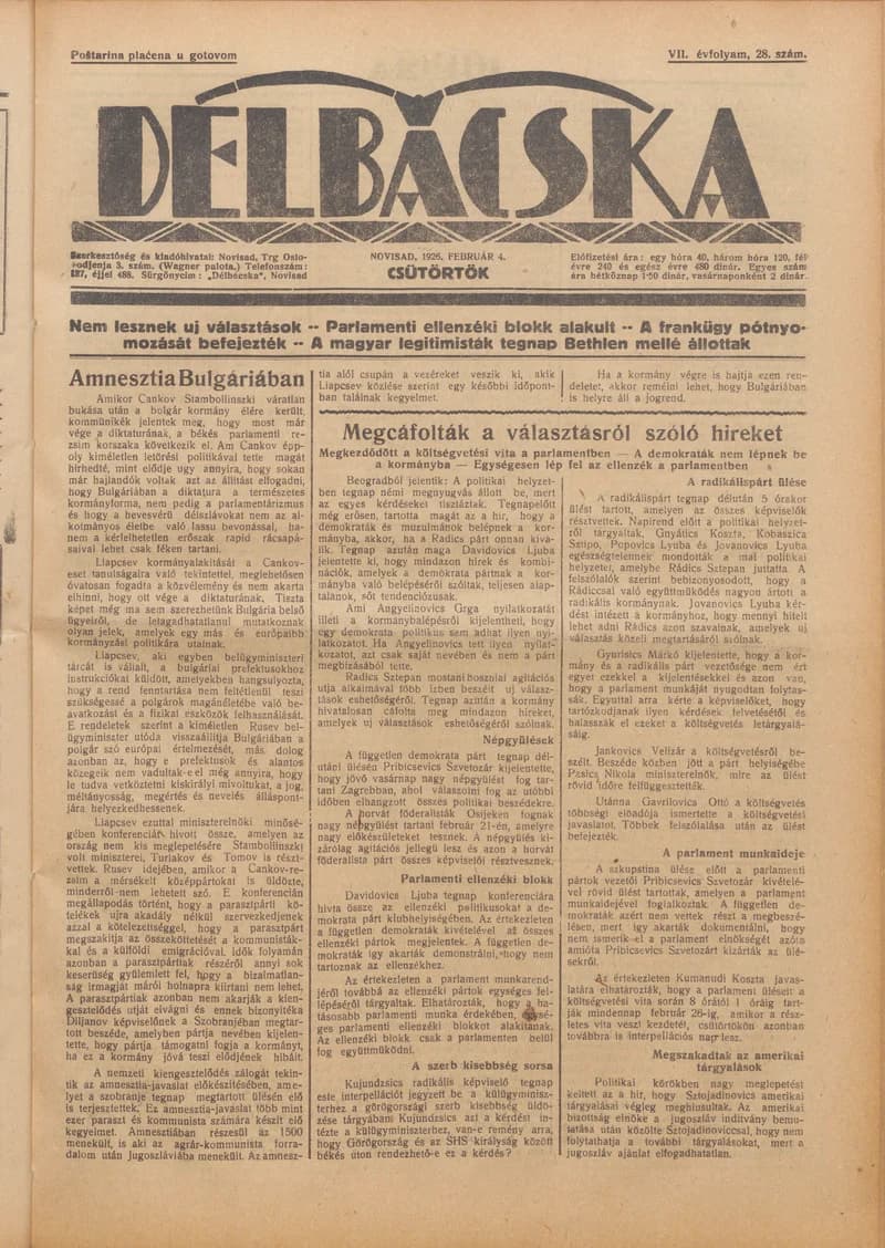 Délbácska, 7. évf. 1926. február 4. 28. sz.