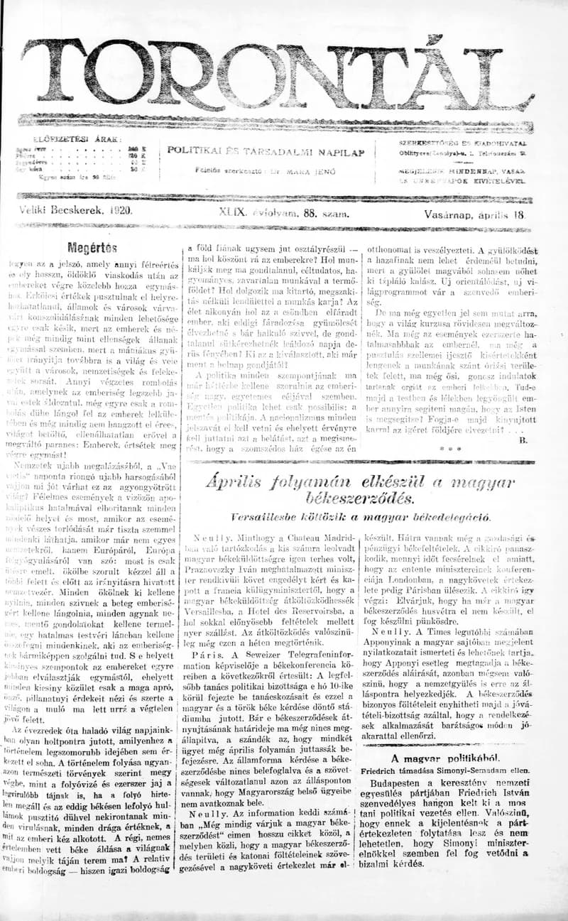 Torontál, 49. évf. 1920. április 18. 88. sz.
