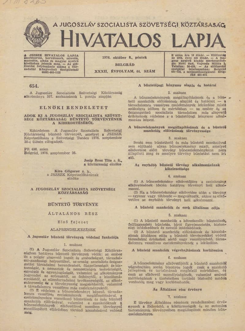 A Jugoszláv Szocialista Szövetségi Köztársaság Hivatalos Lapja, 32. évf. 1976. október 8. 44. sz. 1329–1368. oldal