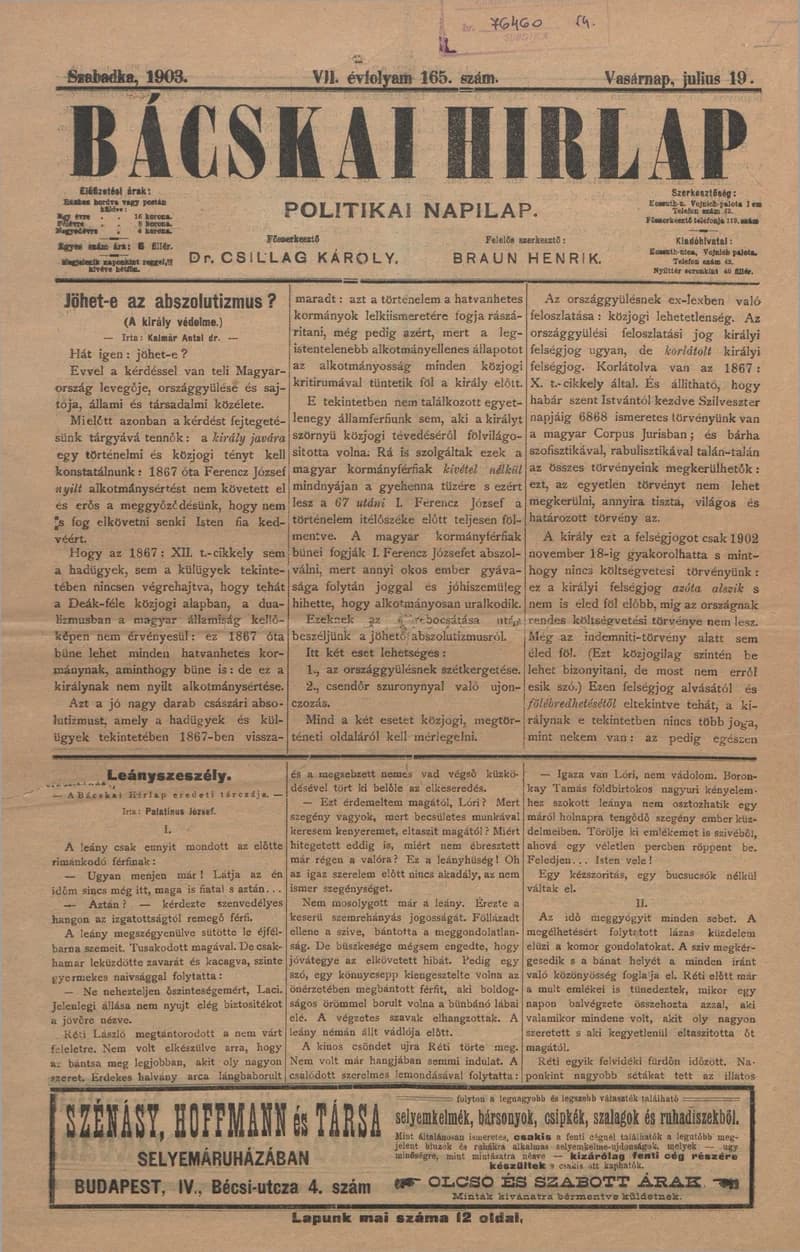 Bácskai Hirlap, 7. évf. 1903. július 16. 165. sz.
