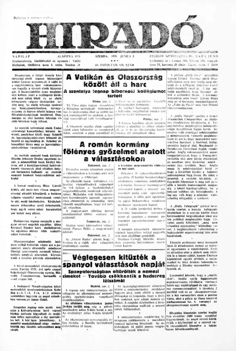 Híradó, 60. évf. 1931. június 3. 125. sz.