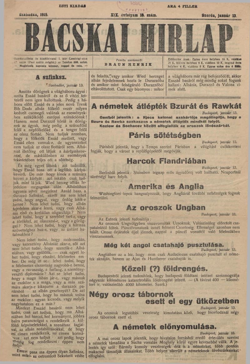Bácskai Hirlap, 19. évf. 1915. január 13. 18. sz.