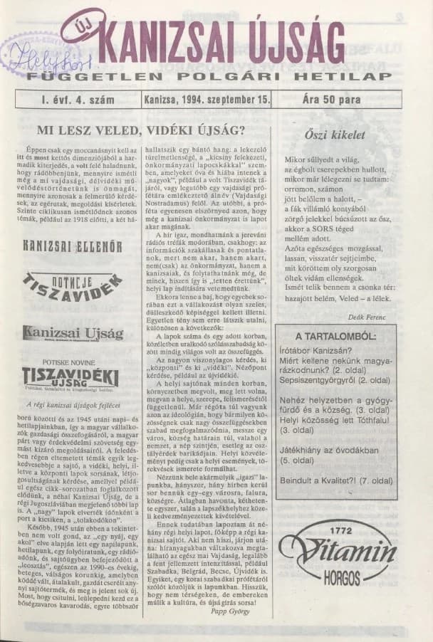 Új Kanizsai Újság, 1. évf. 1994. szeptember 15. 4. sz.