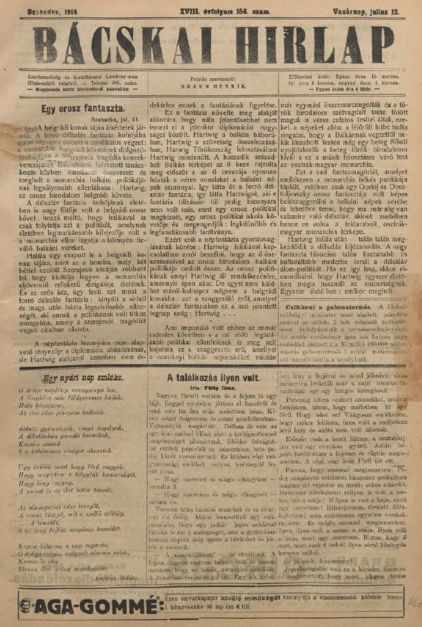 Bácskai Hirlap, 18. évf. 1914. július 12. 156. sz.