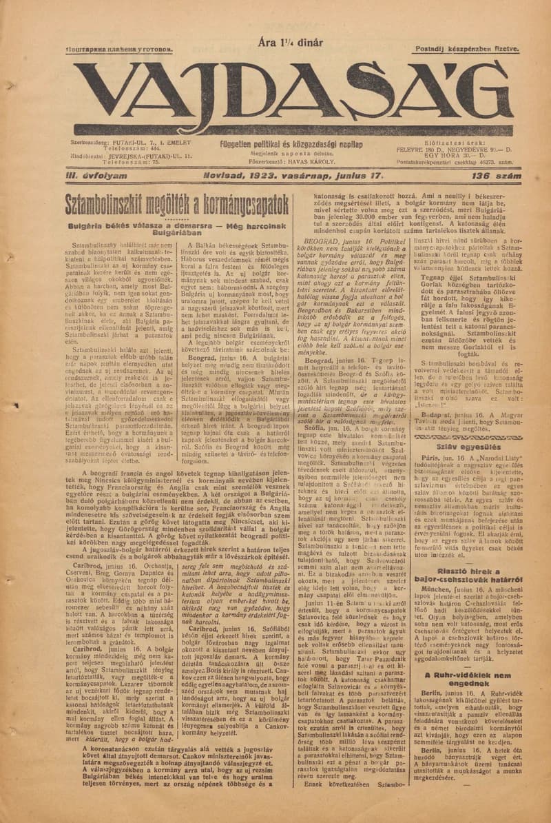 Vajdaság, 3. évf. 1923. június 17. 136. sz.