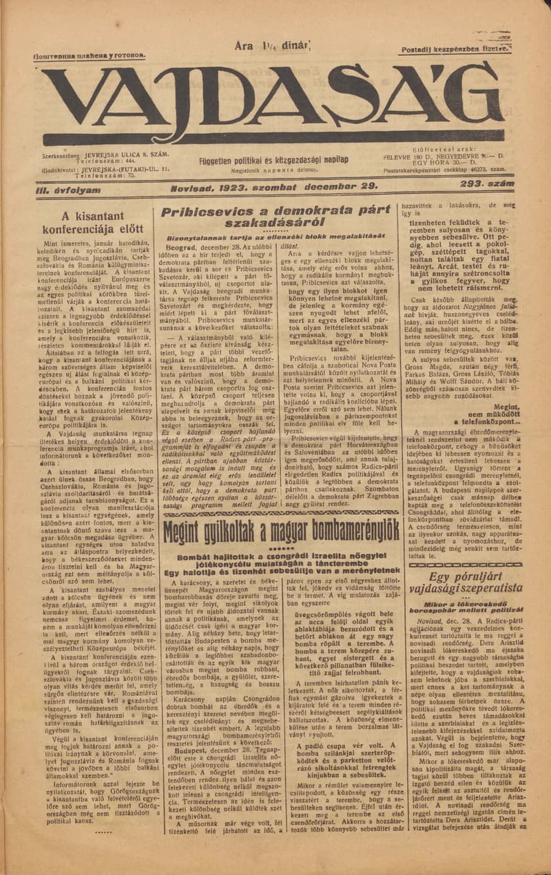 Vajdaság, 3. évf. 1923. december 29. 293. sz.