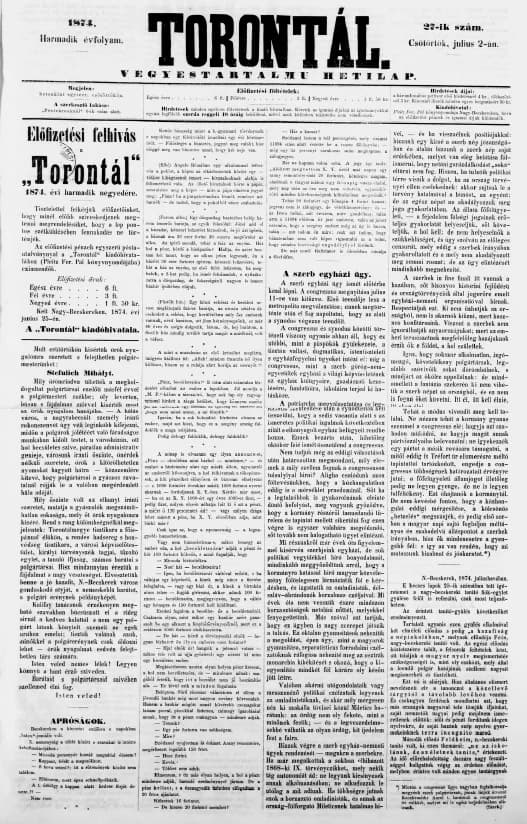 Torontál, 3. évf. 1874. július 2. 27. sz.