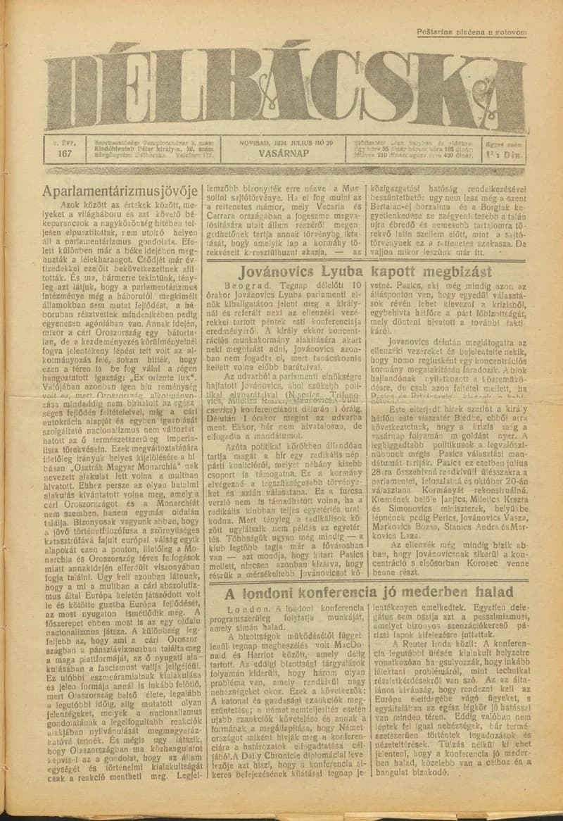 Délbácska, 5. évf. 1924. július 20. 167. sz.