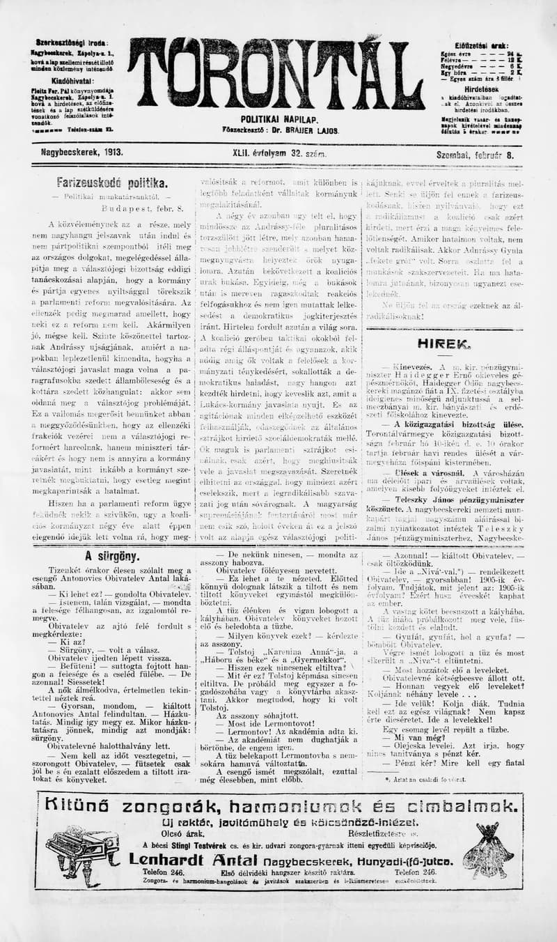 Torontál, 42. évf. 1913. február 8. 32. sz.