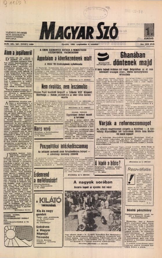 Magyar Szó, 46. évf. 1989. szeptember 9. 247. sz. 1–28. oldal