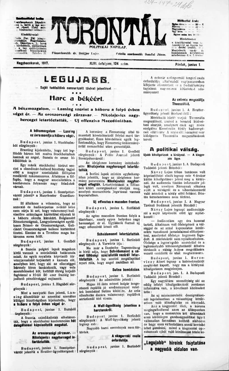 Torontál, 46. évf. 1917. június 1. 124. sz.