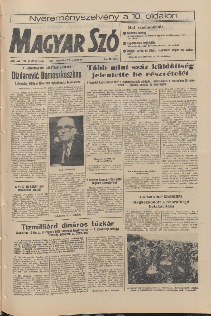 Magyar Szó, 42. évf. 1985. augusztus 22. 230. sz. 1–16. oldal