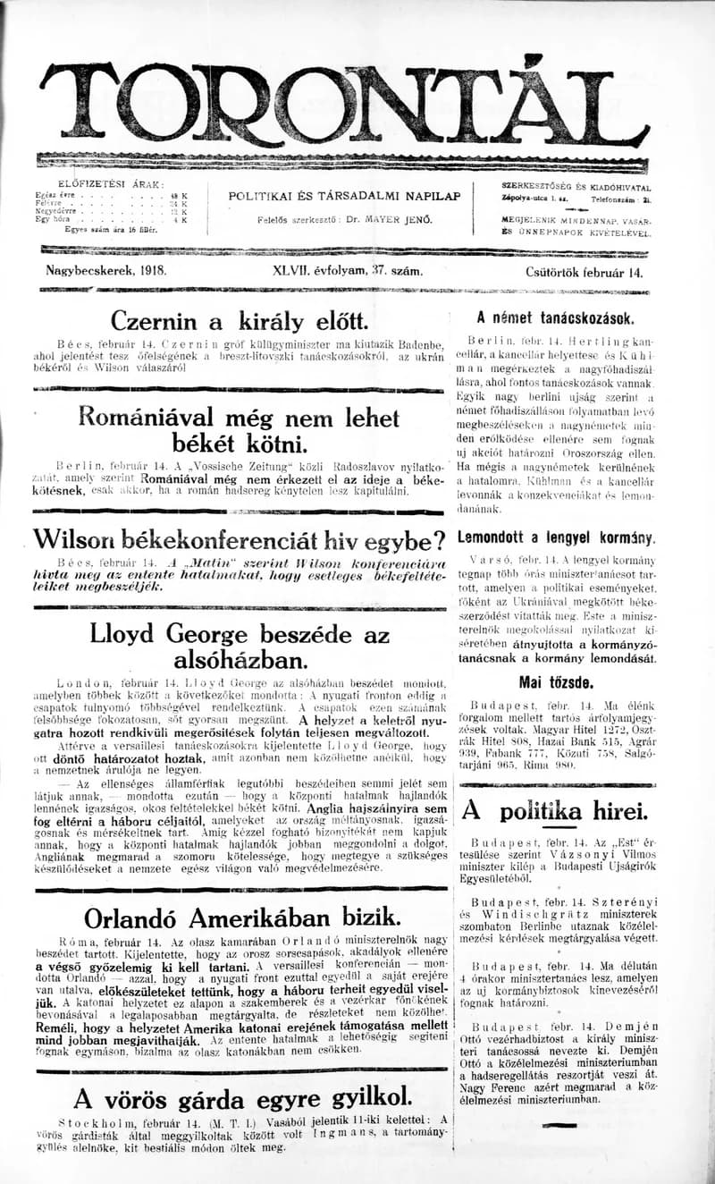 Torontál, 47. évf. 1918. február 14. 37. sz.