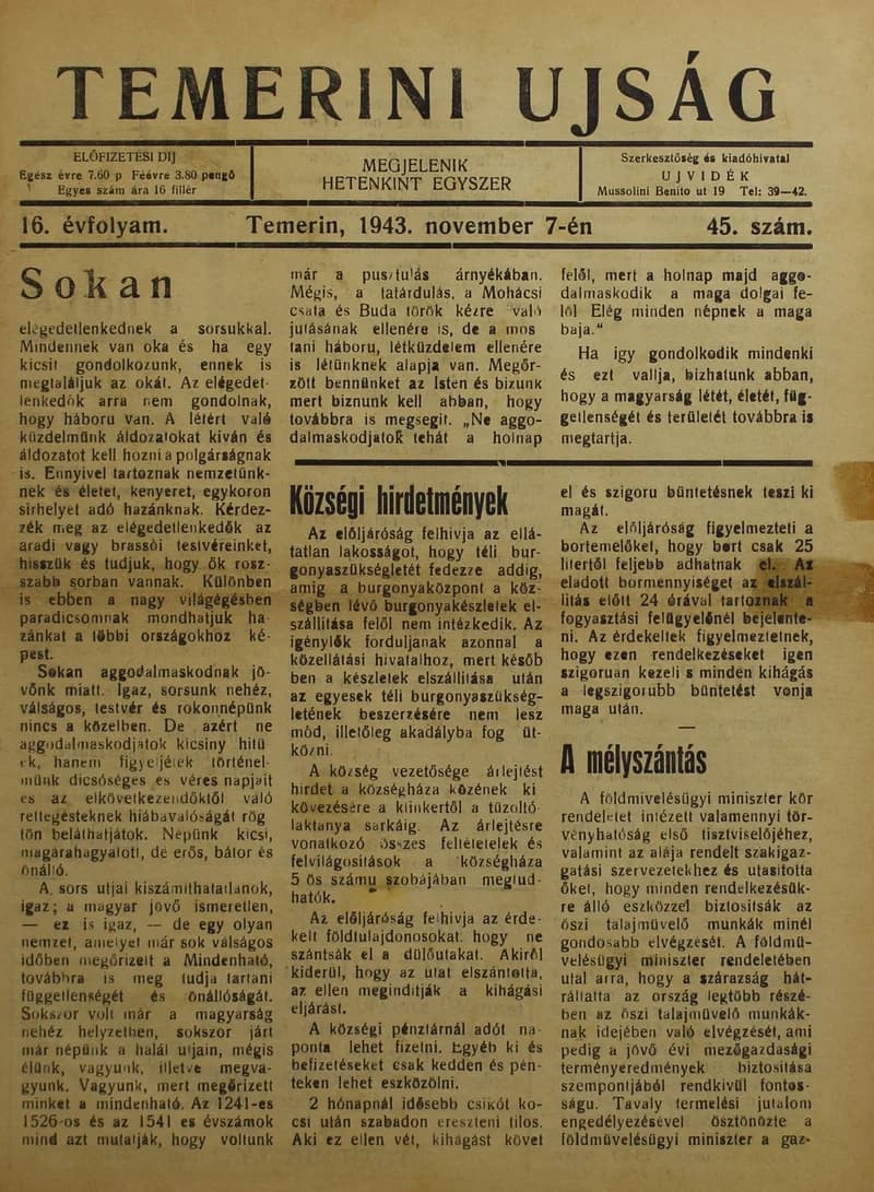 Temerini Újság 1928-1944, 16. évf. 1943. november 7. 45. sz.