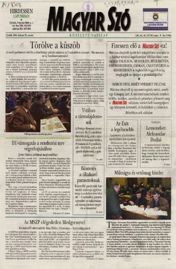 Magyar Szó, 61. évf. 2004. február 25. 45. sz. 1–20. oldal