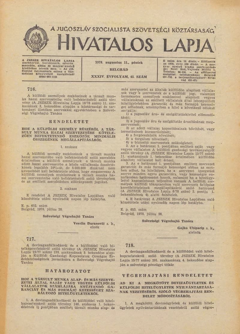 A Jugoszláv Szocialista Szövetségi Köztársaság Hivatalos Lapja, 34. évf. 1978. augusztus 11. 45. sz. 1933–1988. oldal