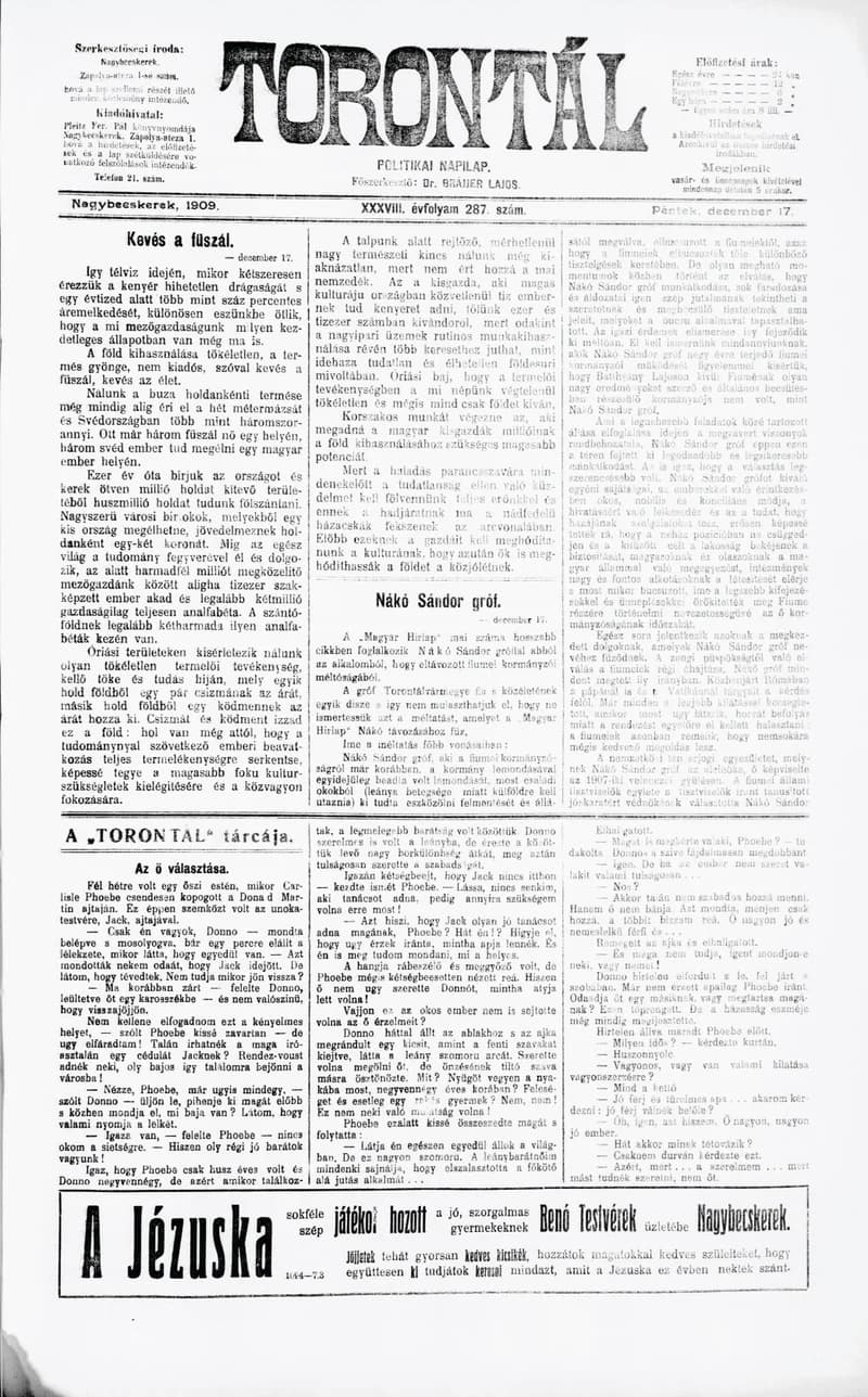 Torontál, 38. évf. 1909. december 17. 287. sz.