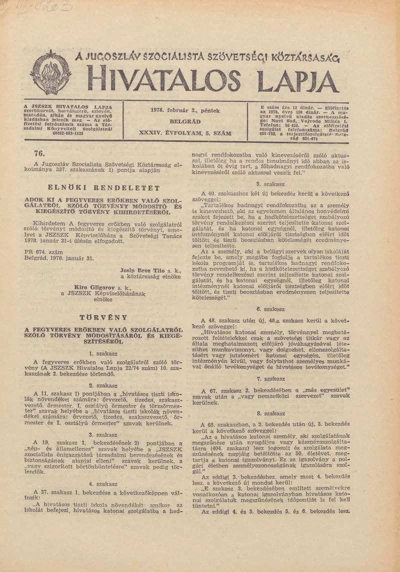 A Jugoszláv Szocialista Szövetségi Köztársaság Hivatalos Lapja, 34. évf. 1978. február 3. 5. sz. 97–144. oldal