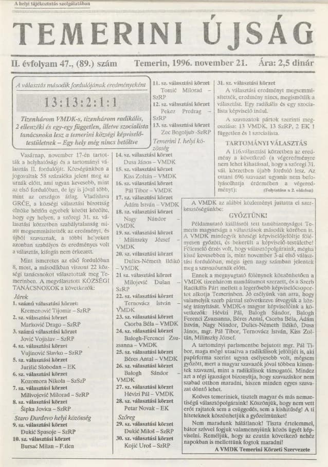 Temerini Újság, 2. évf. 1996. november 21. 47. sz.