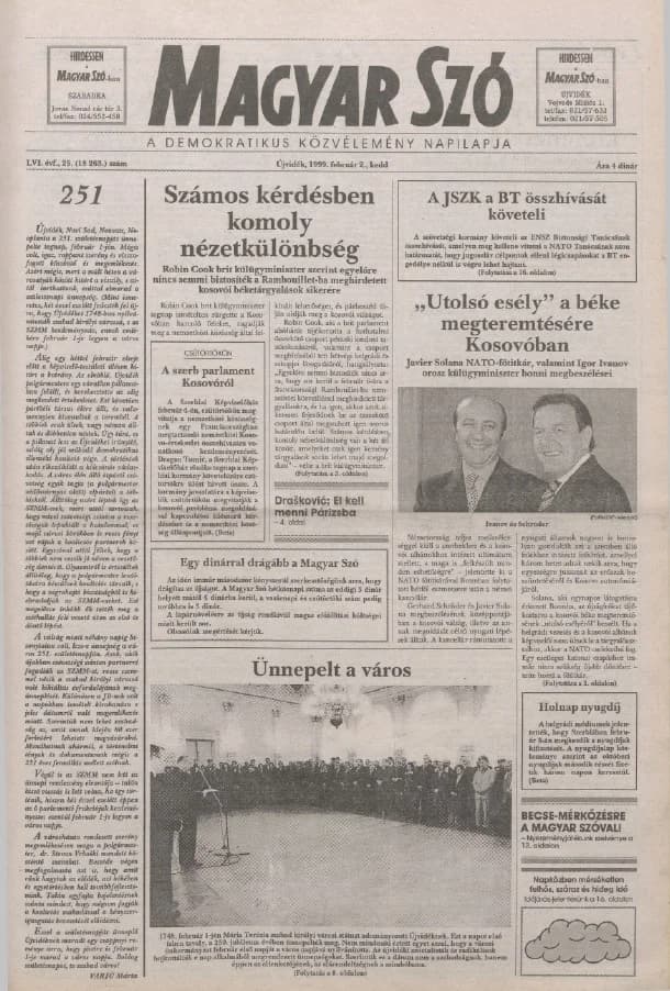 Magyar Szó, 56. évf. 1999. február 2. 25. sz. 1–16. oldal
