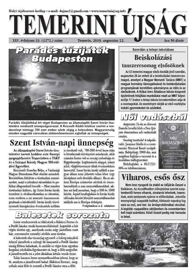 Temerini Újság, 25. évf. 2019. augusztus 22. 33. sz.