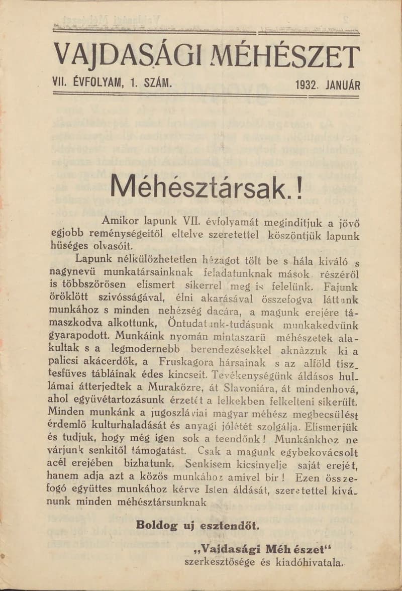 Vajdasági méhészet, 7. évf. 1932. január 1. 1. sz.