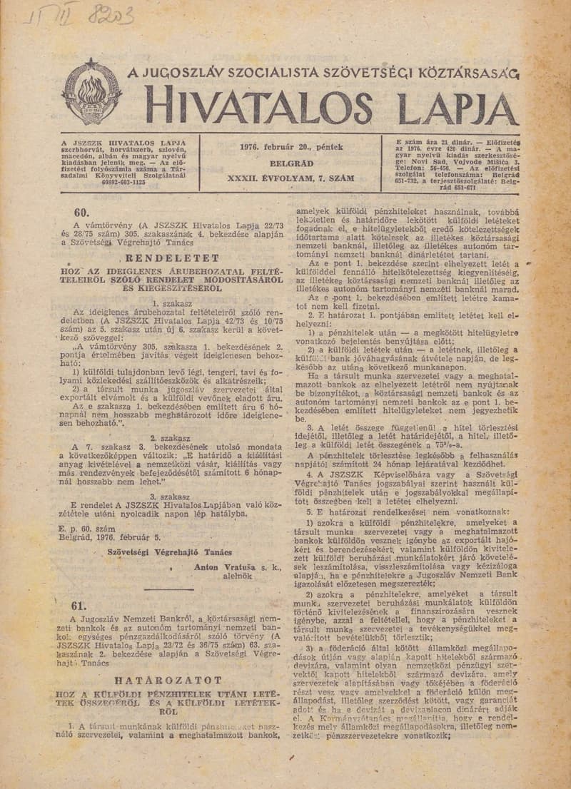 A Jugoszláv Szocialista Szövetségi Köztársaság Hivatalos Lapja, 32. évf. 1976. február 20. 7. sz. 141–168. oldal