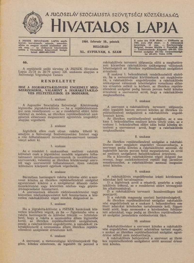 A Jugoszláv Szocialista Szövetségi Köztársaság Hivatalos Lapja, 40. évf. 1984. február 10. 8. sz. 323–346. oldal