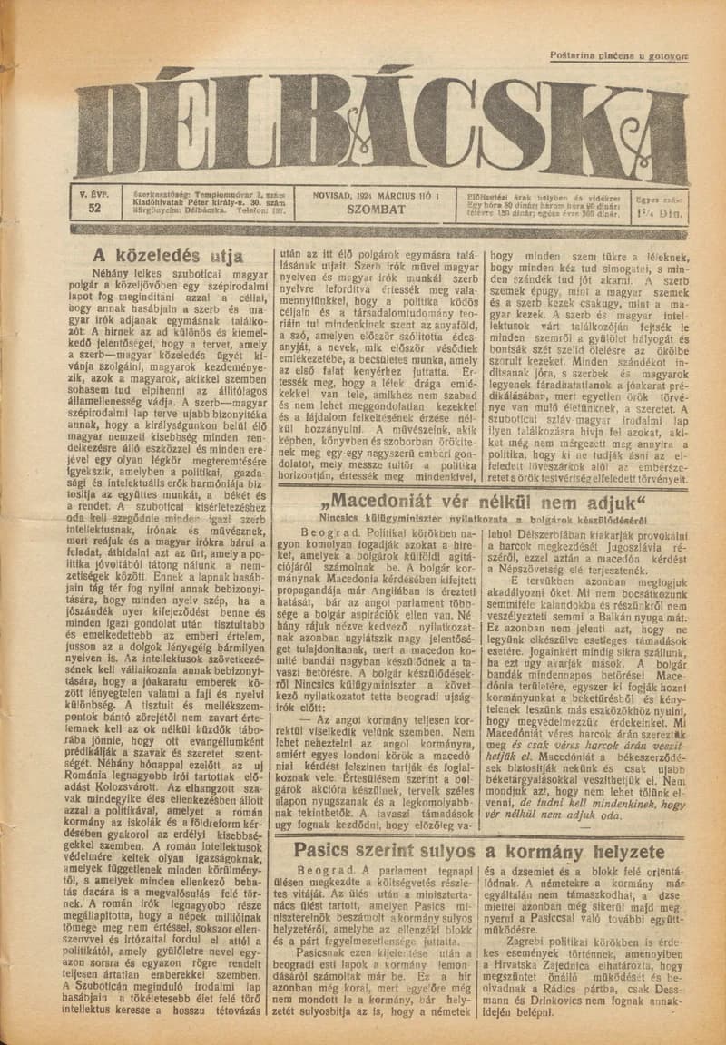 Délbácska, 5. évf. 1924. március 1. 52. sz.