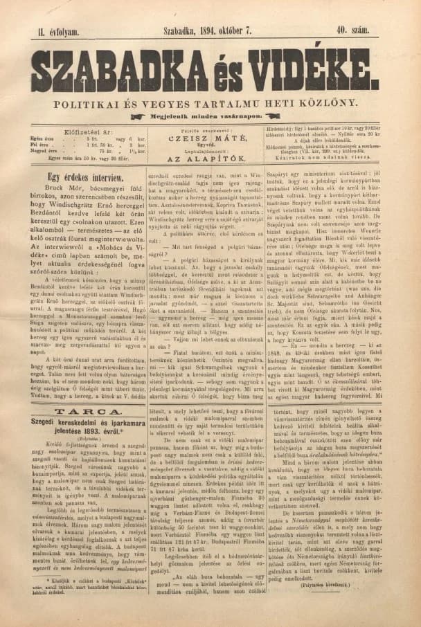 Szabadka és vidéke II, 2. évf. 1894. október 7. 40. sz.