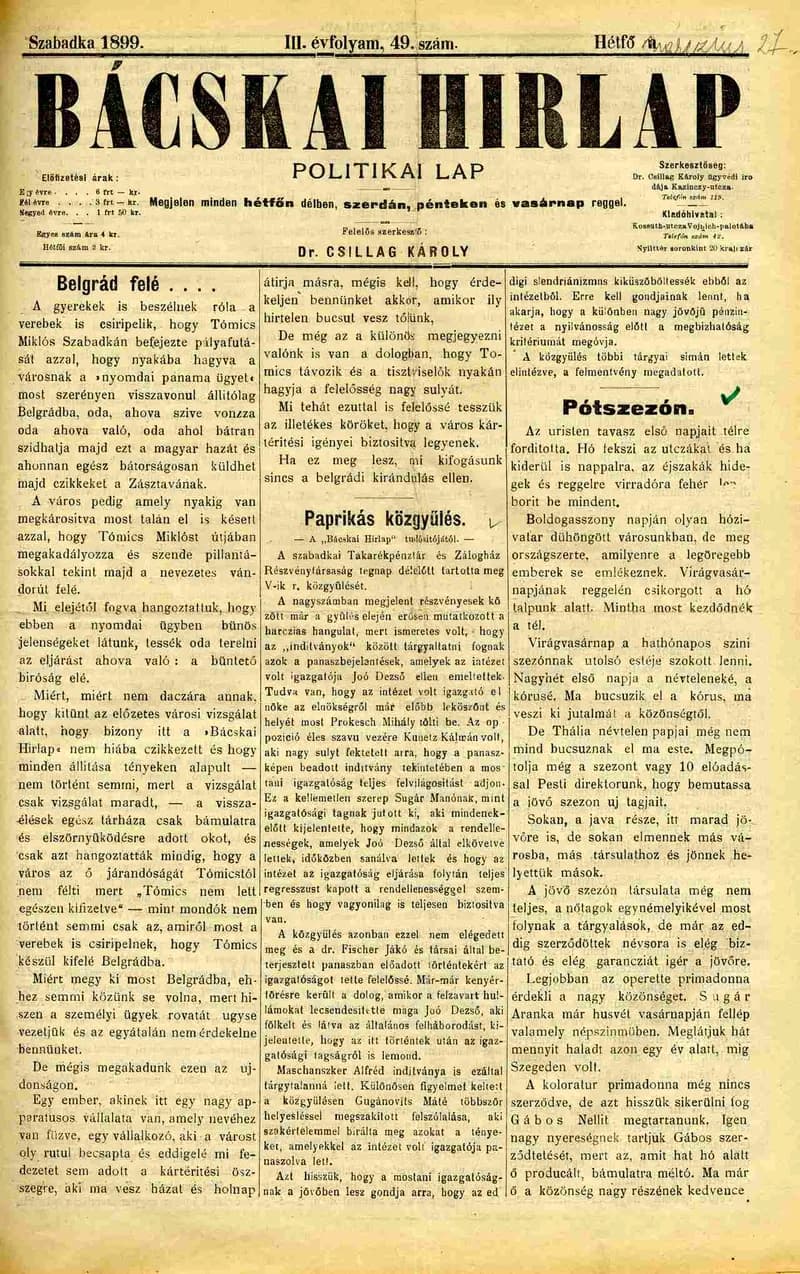 Bácskai Hirlap, 3. évf. 1899. március 27. 49. sz.
