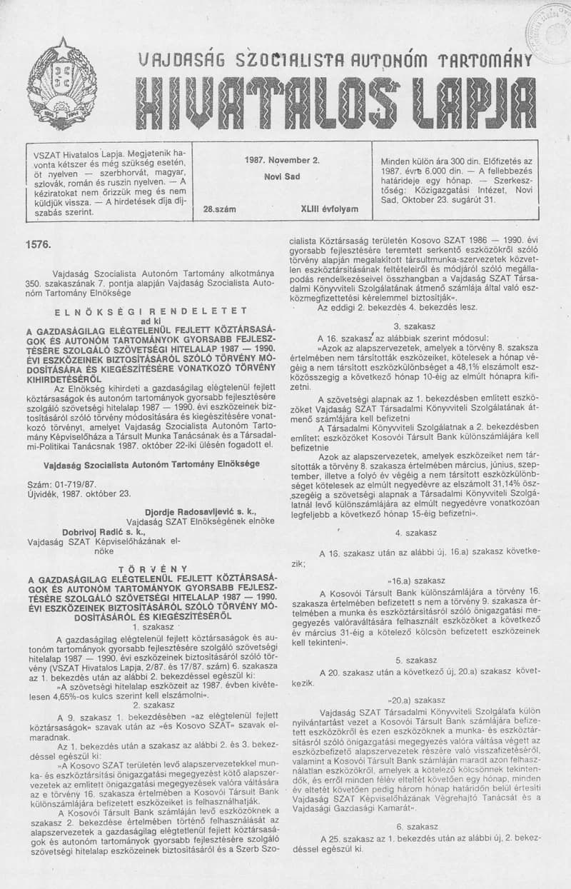Vajdaság Szocialista Autonóm Tartomány Hivatalos Lapja, 43. évf. 1987. november 2. 28. sz.