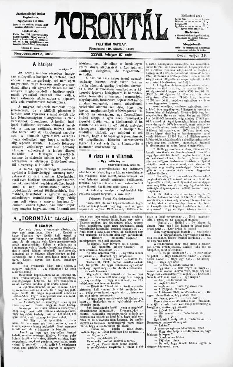 Torontál, 38. évf. 1909. május 25. 117. sz.