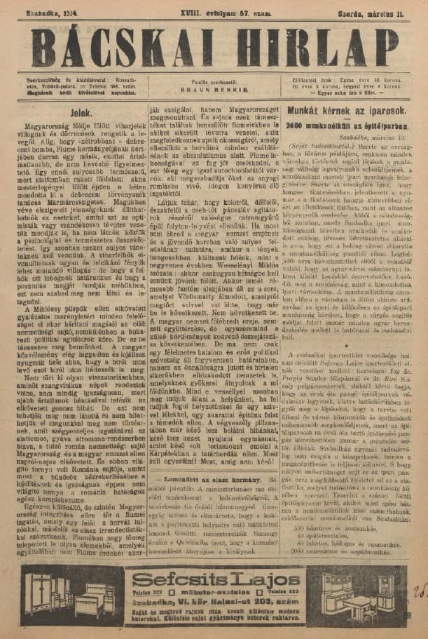 Bácskai Hirlap, 18. évf. 1914. március 11. 57. sz.