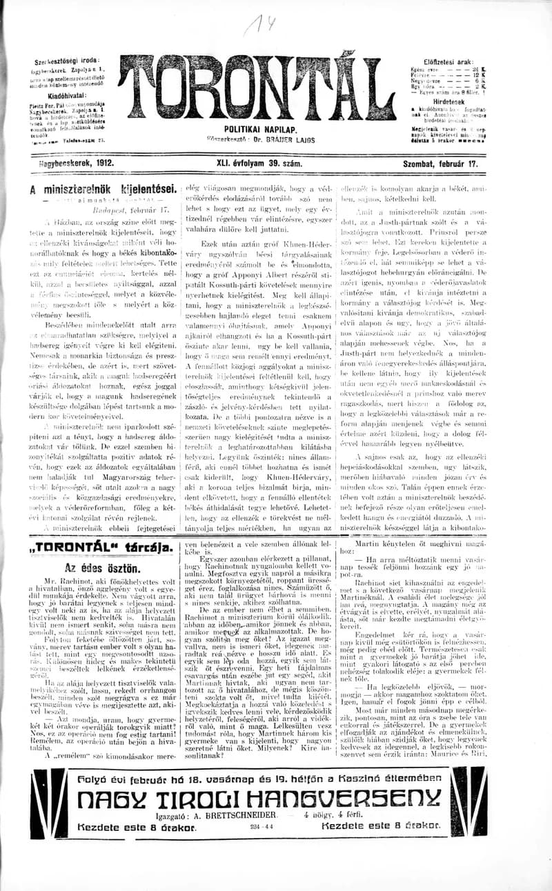 Torontál, 41. évf. 1912. február 17. 39. sz.