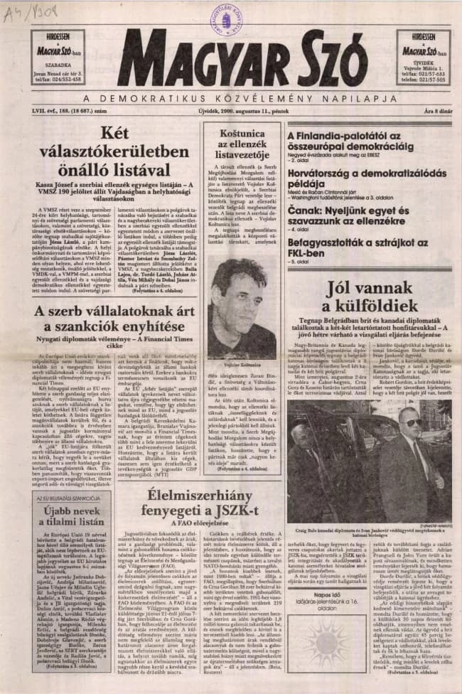 Magyar Szó, 57. évf. 2000. augusztus 11. 188. sz. 1–16. oldal
