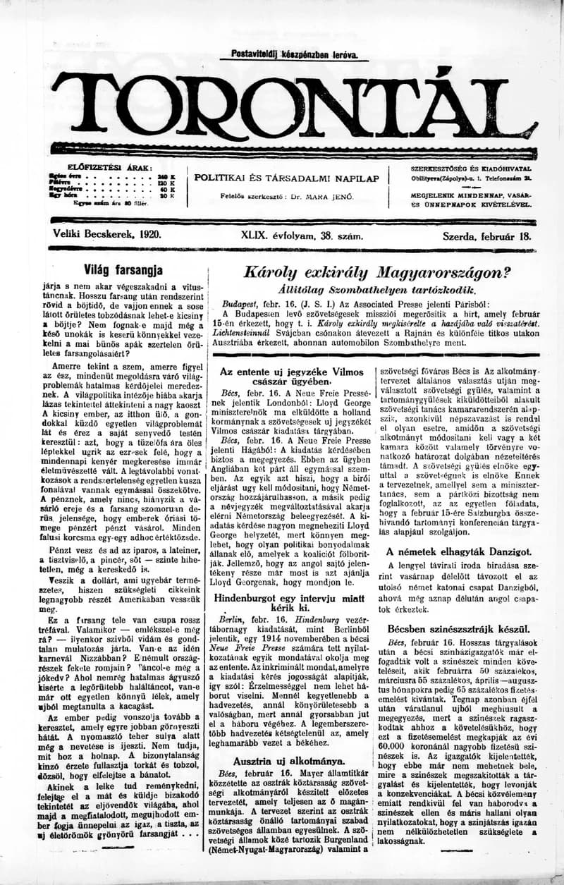 Torontál, 49. évf. 1920. február 18. 38. sz.